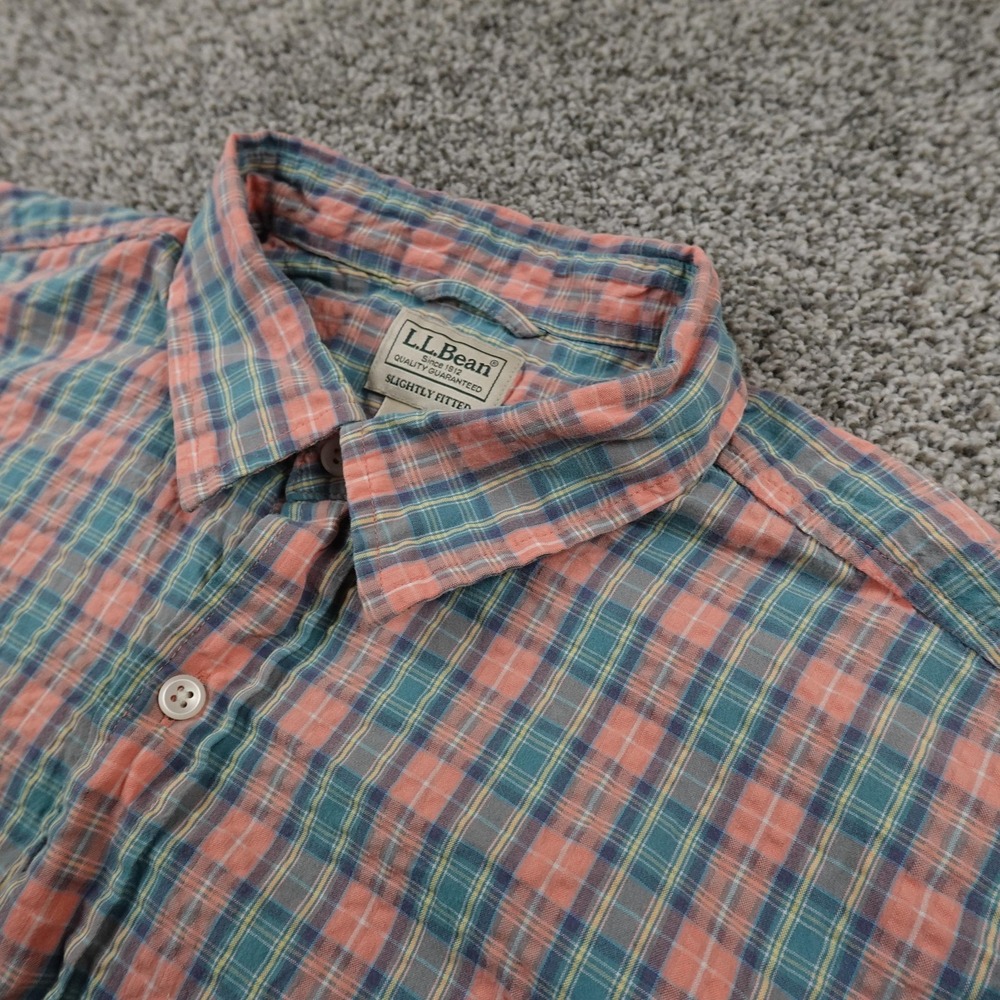 LL Bean Shirt Mens L Orange Green Plaid Seersucker Short Sleeve Outdoor Hiking
